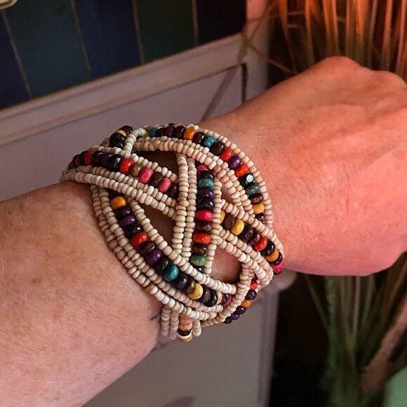 Multi Color Glass Bead & Wooden Beaded Cuff Bracelet - Picture 1 of 4